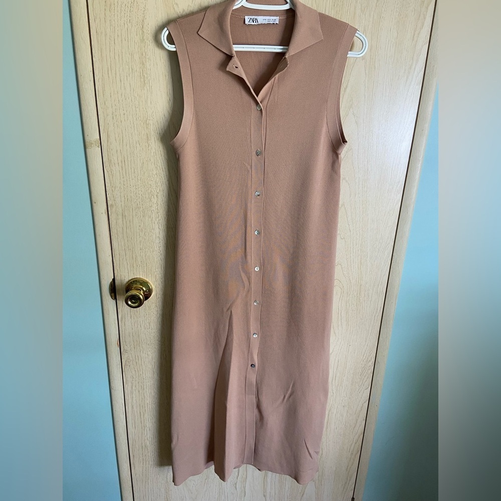 ZARA Camel Knit Button Front Shirt MIDI Dress Slight A-Line Sz Medium Neutral
